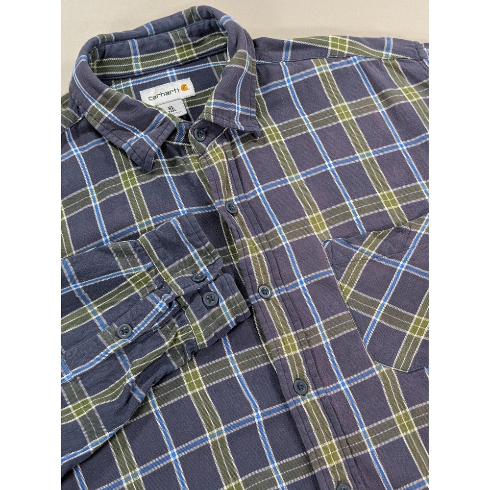 Carhartt Shirt Mens Extra Large Tall Navy Green Plaid Cotton Workwear Flannel